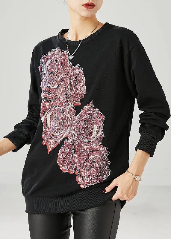 Comfy Hoodies DIY Black Floral Oversized Cotton Pullover Streetwear Spring