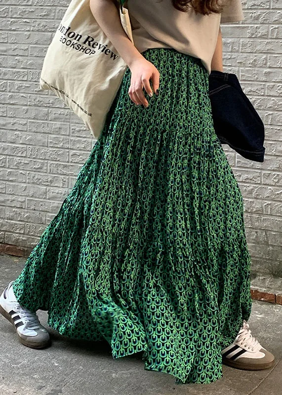 Active Essentials Loose Green Print Wrinkled High Waist Cotton Skirts Summer