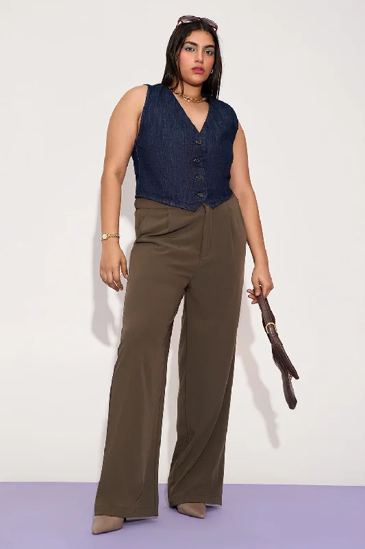 Easy Fit Dusky Brown Curve Pleated Double Button Korean Pants