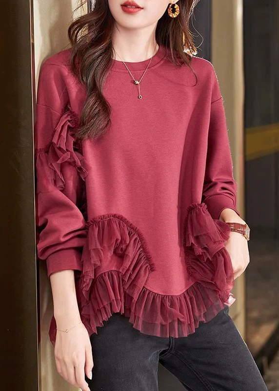Elegant Comfort New Wine Red O Neck Tulle Patchwork Cotton T Shirts Spring