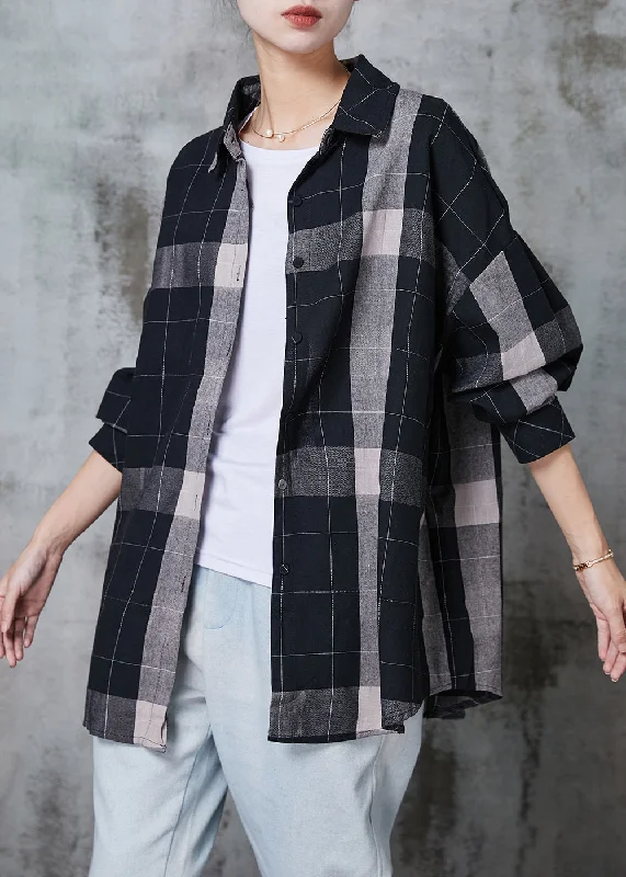 Urban Style Boho Black Oversized Plaid Cotton Shirt Tops Spring