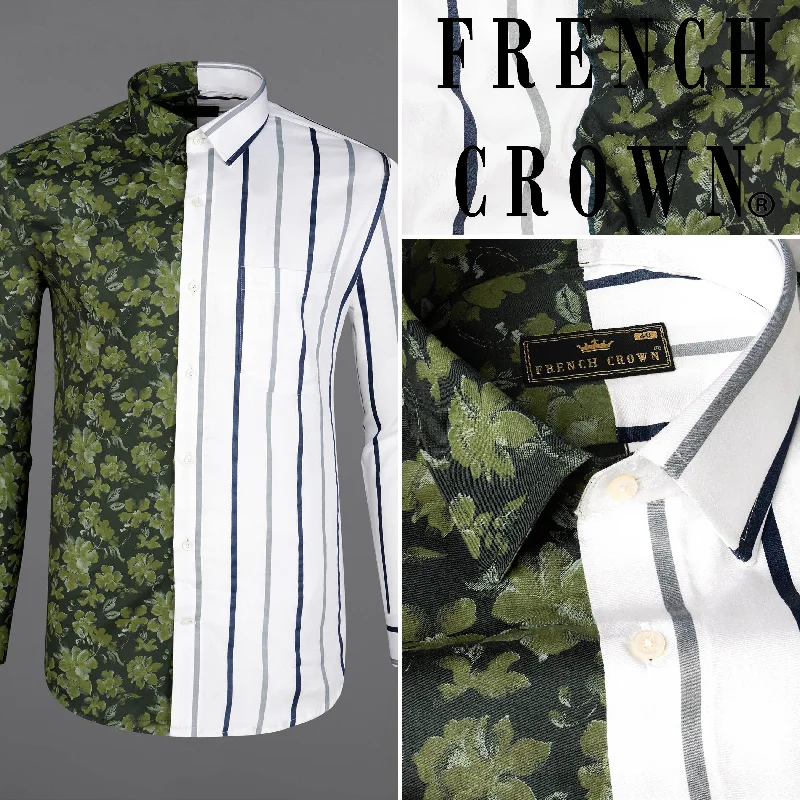 Advanced Design Half Clay Green Floral Printed with Half Black and white Striped Super Soft Premium Cotton Designer Shirt