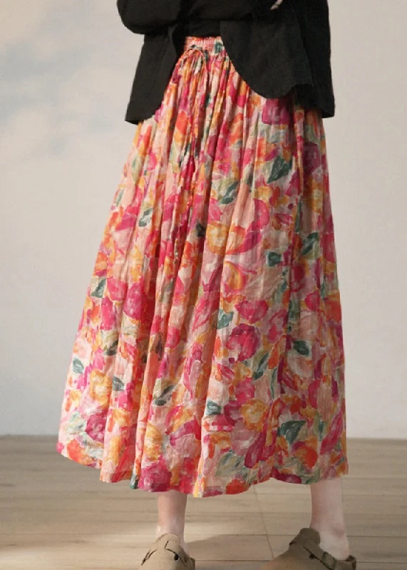 Everyday Apparel Beautiful Red Print Lace Up Elastic Waist Linen Skirts Summer