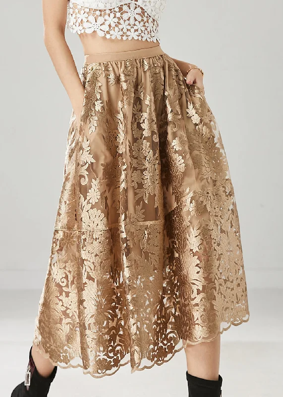 Premium Fit Casual Brown Embroidered Tulle A Line Skirts Spring