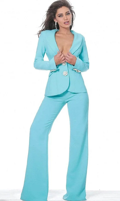 Soft Textures Jovani - Collared Plunging V-Neck Formal Pantsuit 02637SC