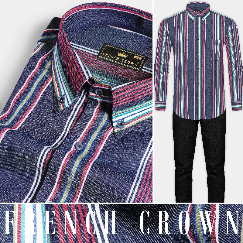 Street-Friendly Wear Lead Blue and Vale Pink Multicoloured Striped Indigo Denim Shirt