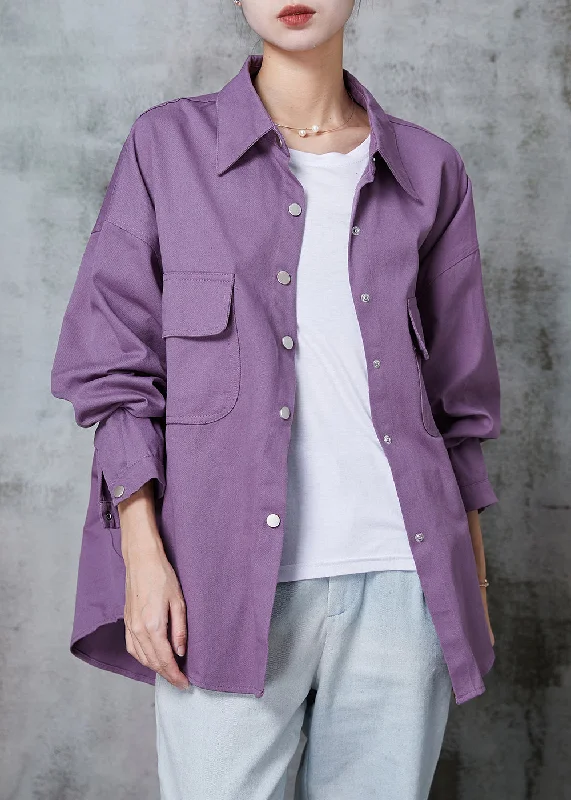 Flexible Styles Casual Purple Oversized Pockets Cotton Blouses Spring