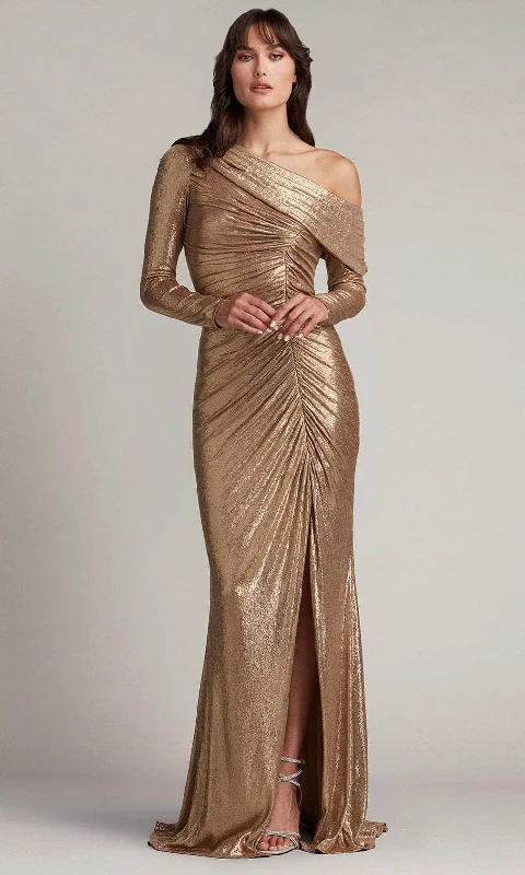 Smart Tops Tadashi Shoji BSJ24030L - Faina Metallic Asymmetric Gathered Slit Gown