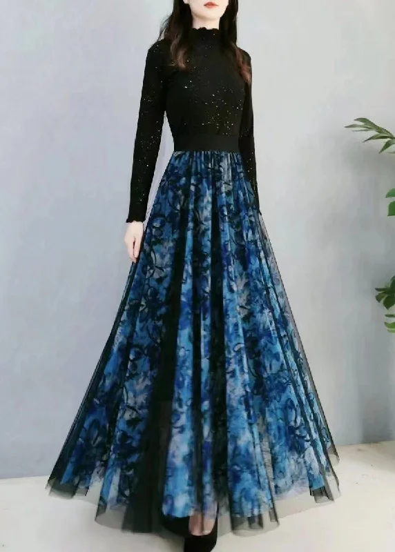 Soft Fashion Plus Size Blue Print Wrinkled High Waist Tulle Skirt Spring