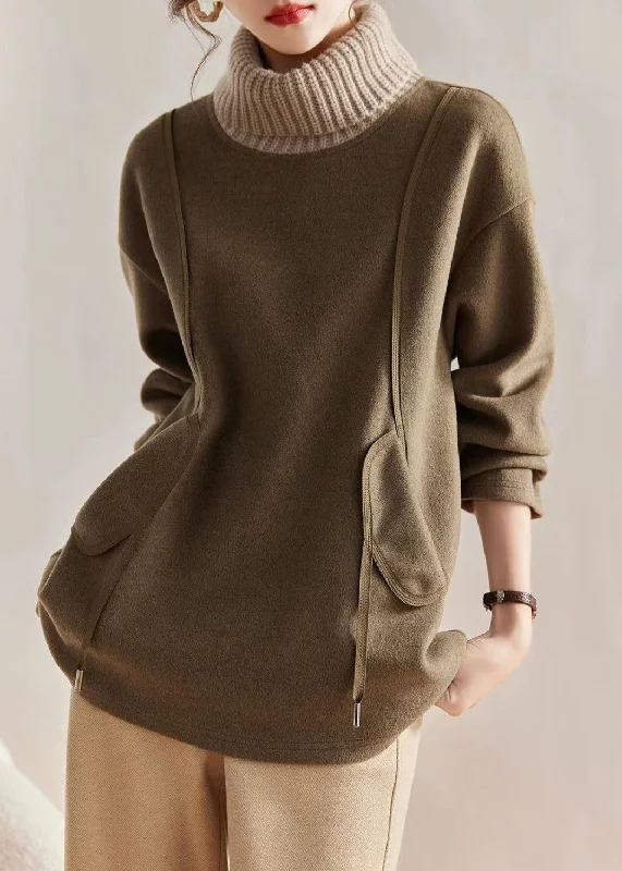 Exclusive Customization Loose Khaki Turtleneck Knit Patchwork Woolen Sweatshirts Long Sleeve Exclusive Customization Loose Khaki Turtleneck Knit Patchwork Woolen Sweatshirts Long Sleeve