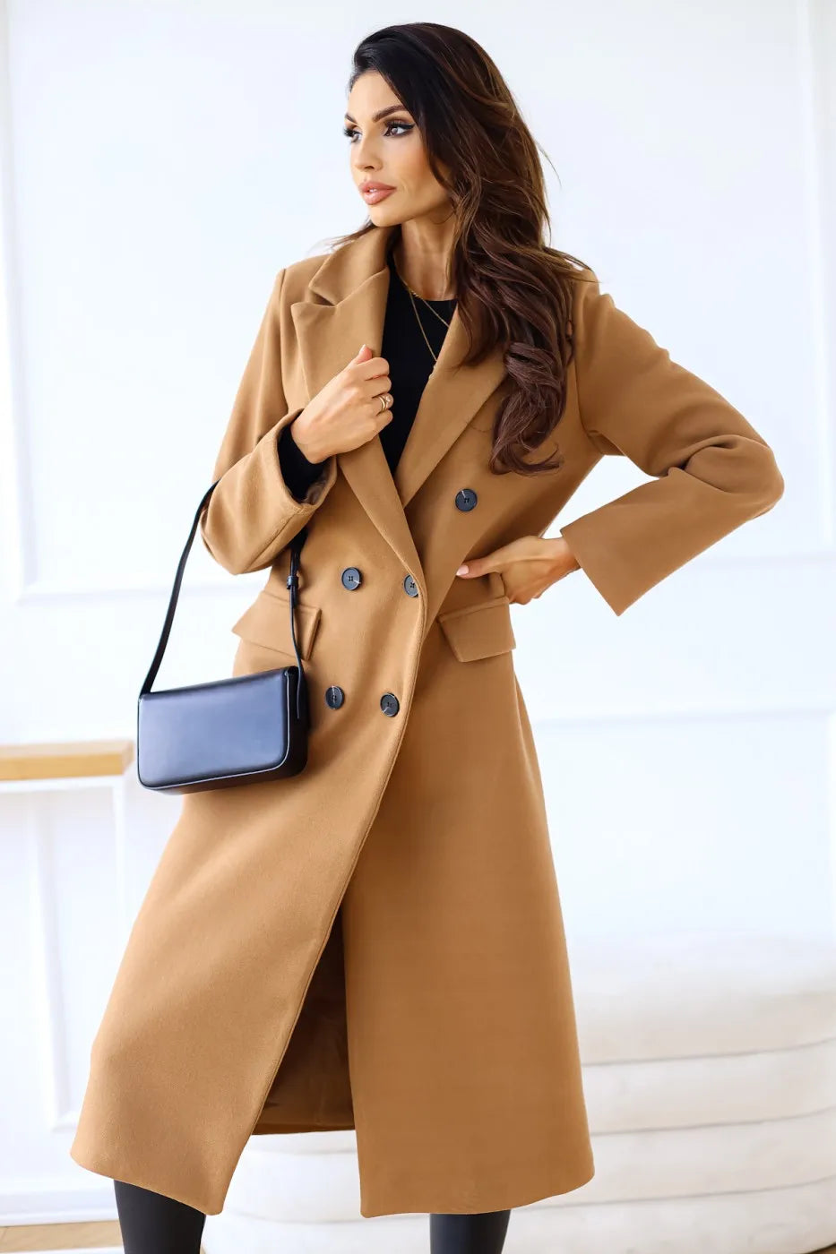 Everyday Apparel Women's minimalist double breasted long sleeved lapel button down woolen jacket with loose