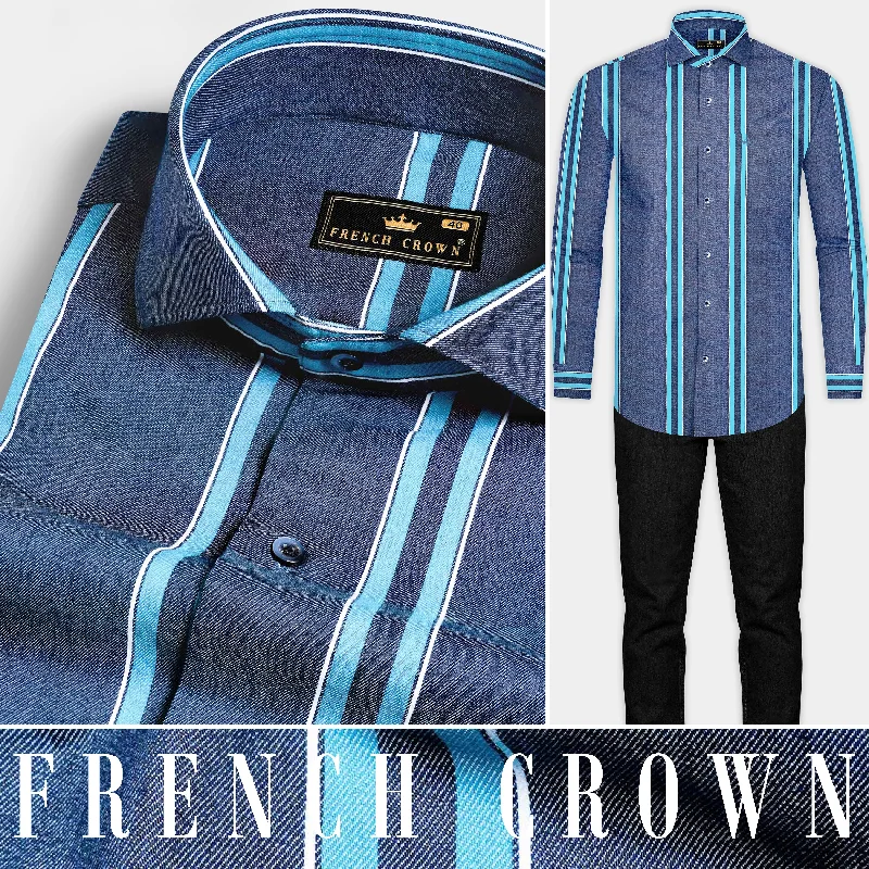 Sport Chic Fiord Blue and Cerulean Blue Striped Indigo Denim Shirt