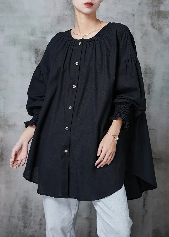 Functional Layers Black Oversized Cotton Shirts O-Neck Lantern Sleeve