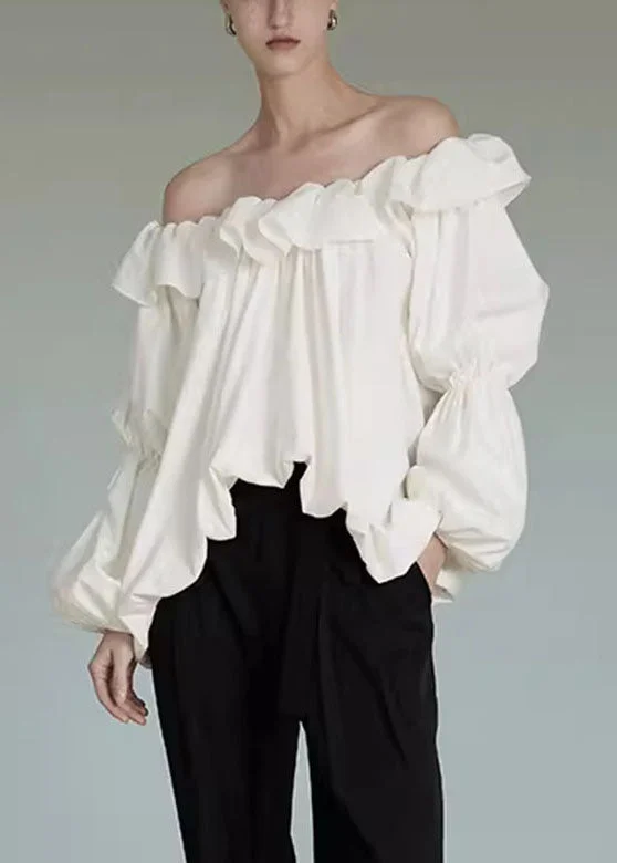 Trendy Styles French White Cold Shoulder Ruffled Patchwork Tops Lantern Sleeve