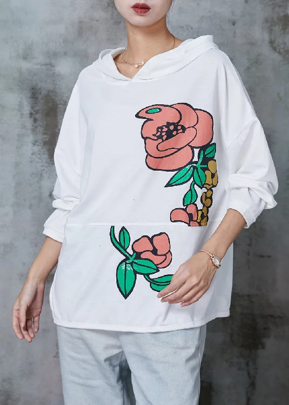 Simple Comfort Natural White Hooded Floral Cotton Pullover Streetwear Spring