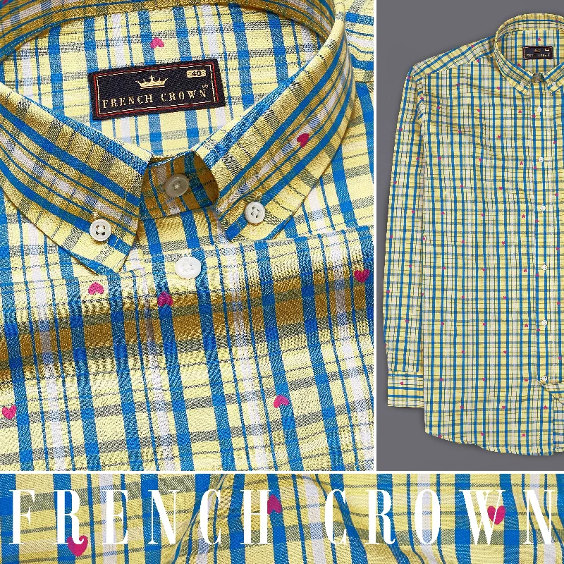 Soft Sweaters Marzipan Yellow with Matisse Blue Checkered with Heart Printed Premium Cotton Shirt Soft Sweaters Marzipan Yellow with Matisse Blue Checkered with Heart Printed Premium Cotton Shirt
