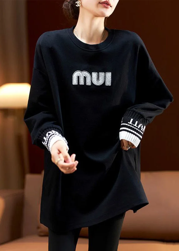 Trendy Comfort Black Patchwork Cotton Pullover Top O Neck Long Sleeve
