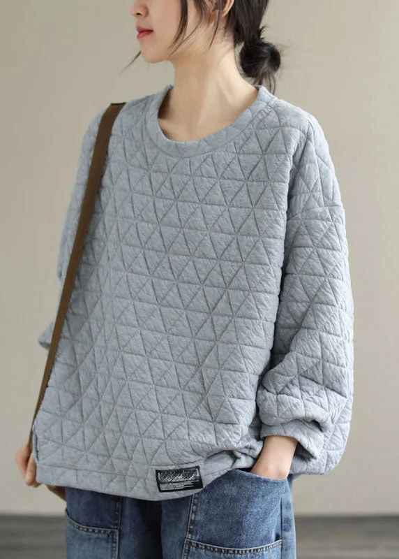 Cozy Basics Simple Grey O-Neck Patchwork Fleece Sweatshirts Long Sleeve