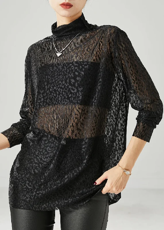Stylish Layers Women Black Turtle Neck Hollow Out Tulle Top Spring