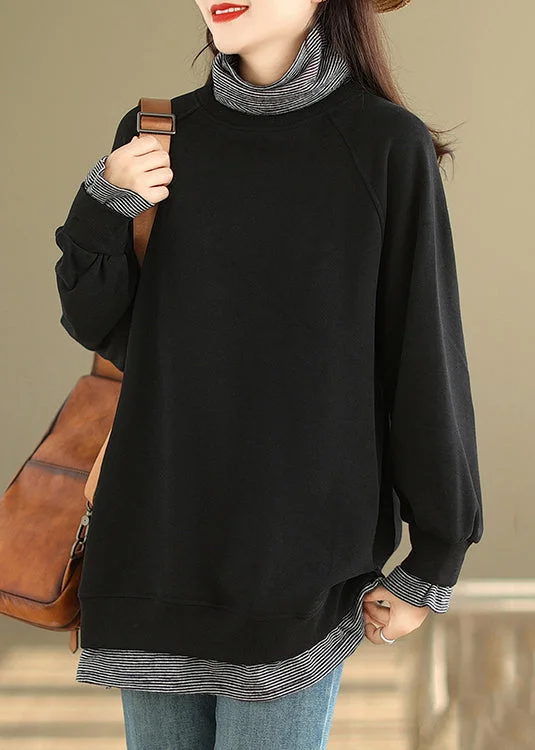 Outdoor Outfits Black False Two Pieces Patchwork Warm Fleece Top Hign Neck Winter