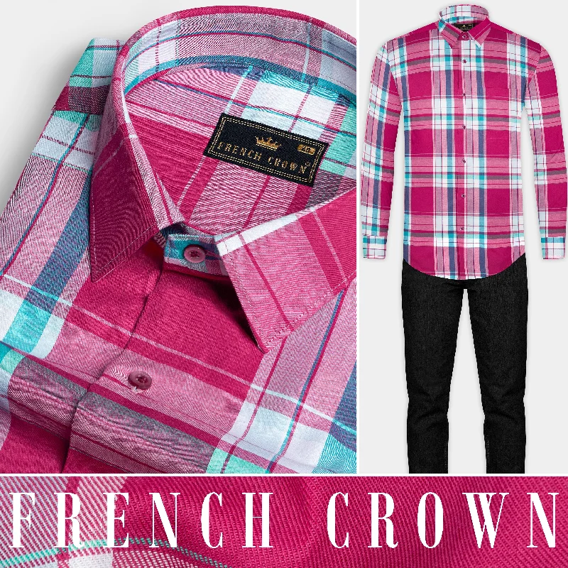 Soft Materials Hibiscus Pink with White and Aquamarine Green Twill Checkered Premium Cotton Shirt Soft Materials Hibiscus Pink with White and Aquamarine Green Twill Checkered Premium Cotton Shirt