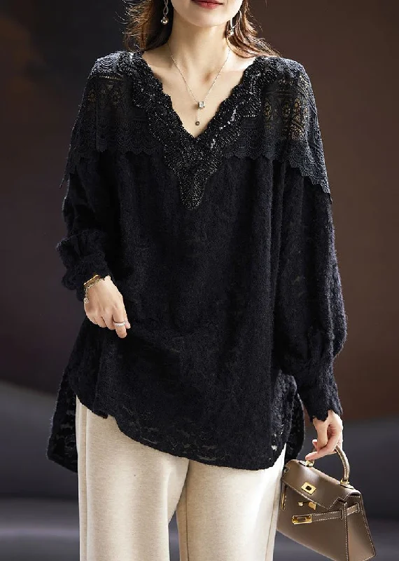 Comfortable Outfits Loose Black Nail Bead Side Open Lace Shirt Spring