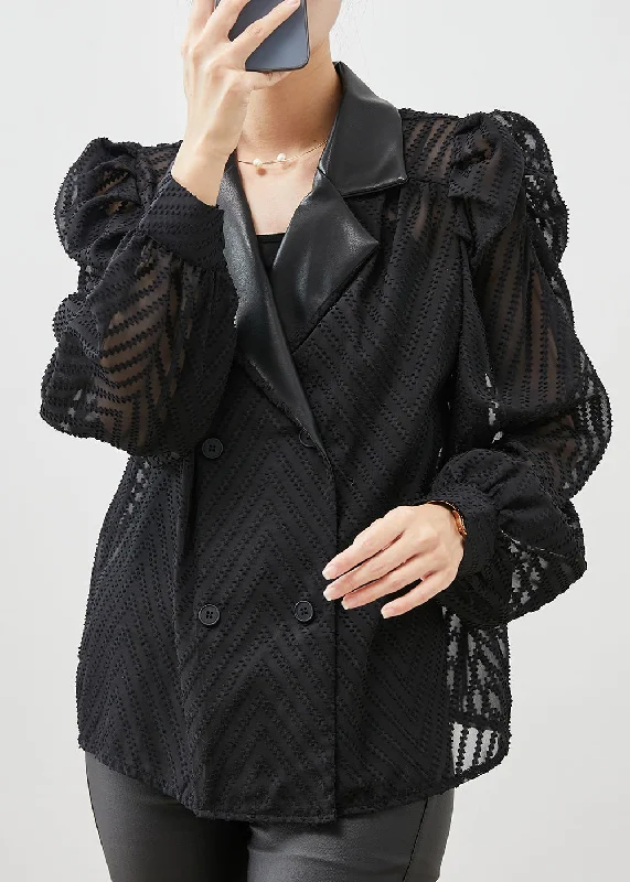 Free Design Loose Black Double Breast Patchwork Chiffon Shirt Puff Sleeve