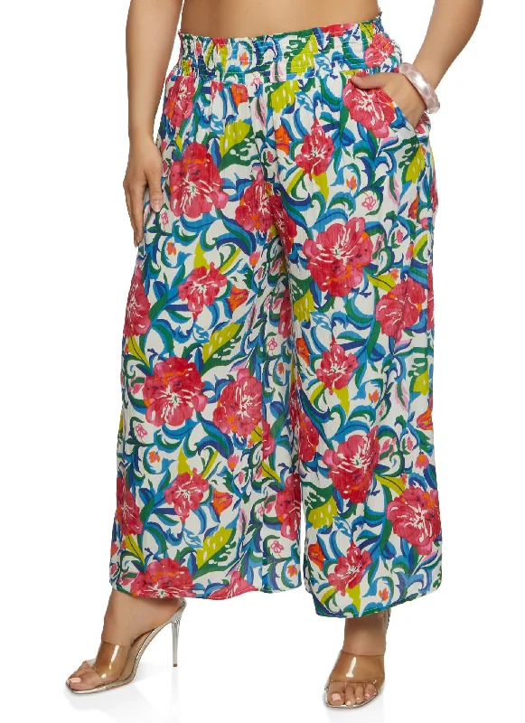 Exquisite Craftsmanship Plus Size Gauze Knit Floral Wide Leg Pants