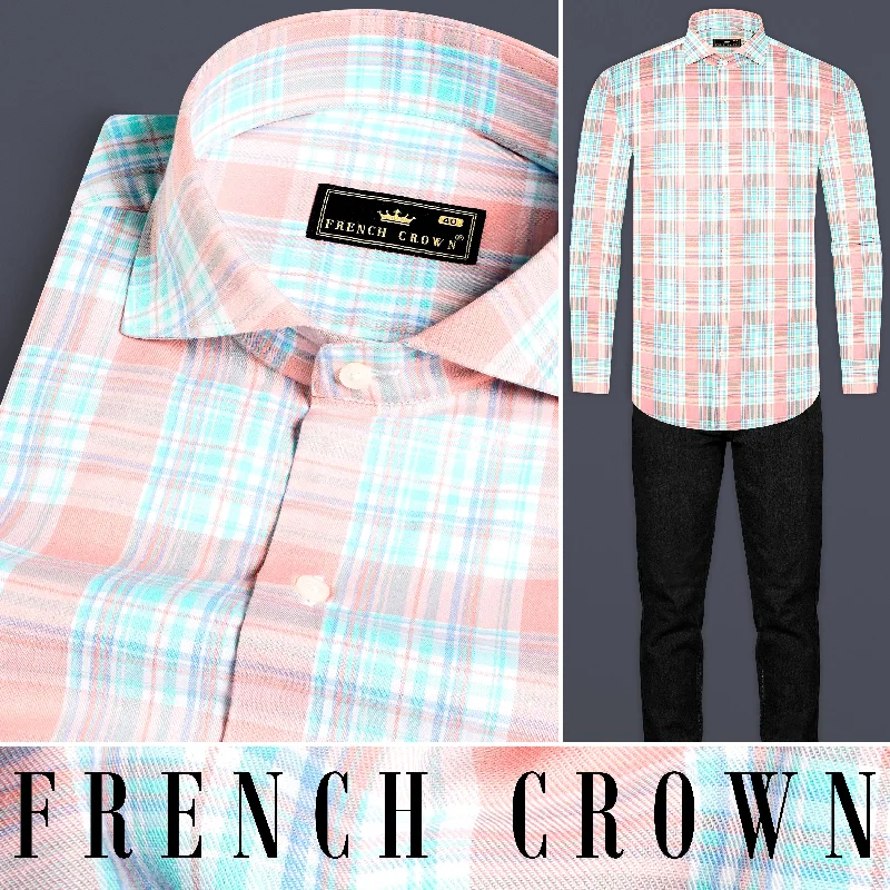 All-Season Outfits Blush Pink and Turquoise Blue Twill Plaid Premium Cotton Shirt