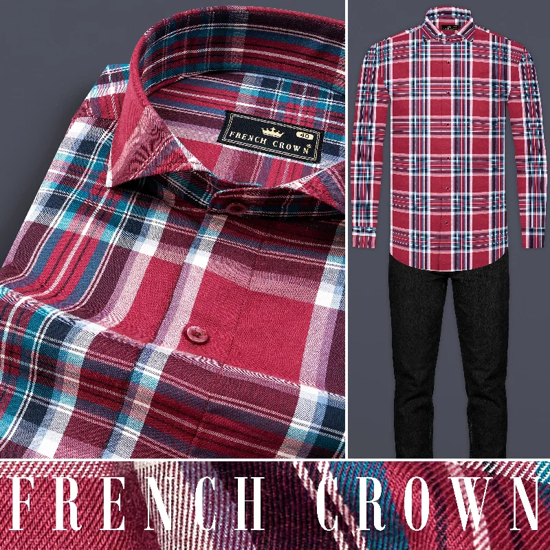 Trendy Comfort Claret Wine with Multicolored Plaid Twill Premium Cotton Shirt