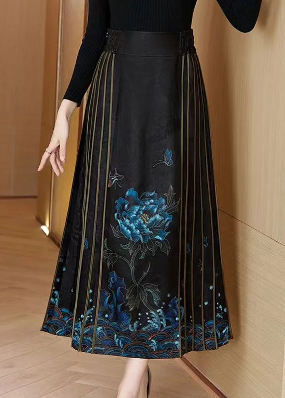 Comfortable Wearables Vintage Blue Print Wrinkled High Waist Silk Skirt Spring