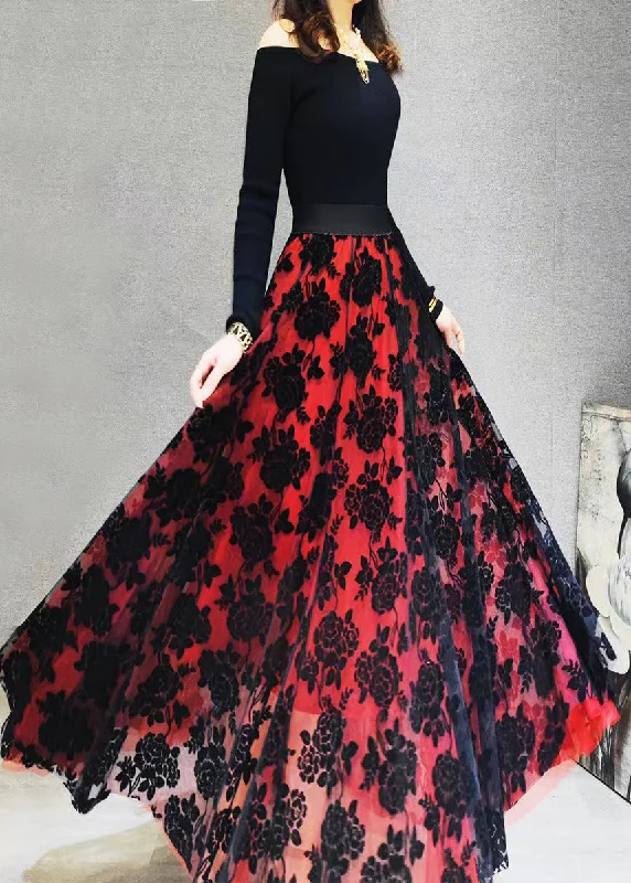 Smart Tops Loose Red Flocking Floral Exra Large Hem Tulle Skirts Spring