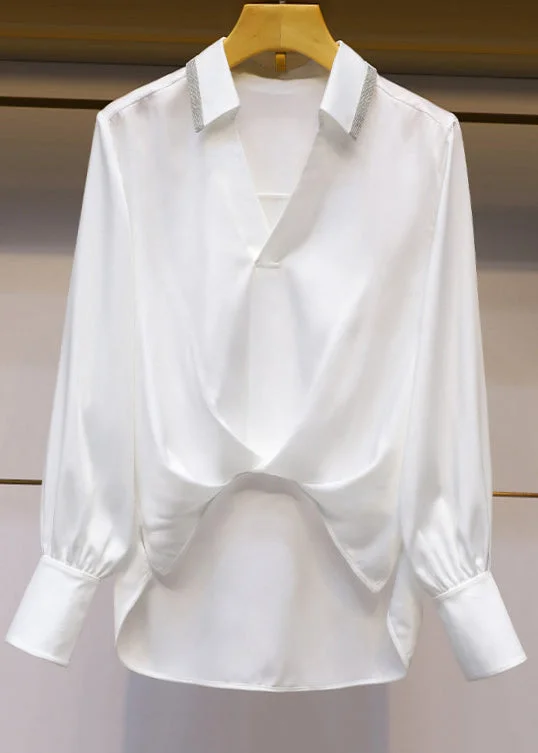 Cozy Looks French White V Neck Low High Design Patchwork Cotton Shirts Fall