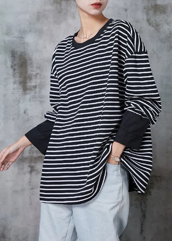 Everyday Denim Boho Black Zip Up Striped Cotton Pullover Streetwear Spring