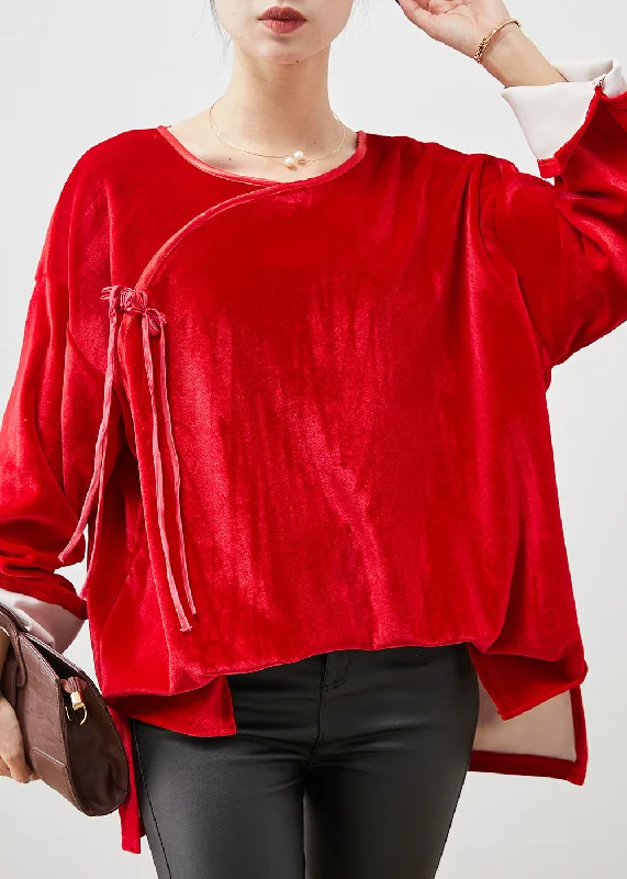 Cozy Pants Women Red Oversized Bow Silk Velour Shirt Tops Spring