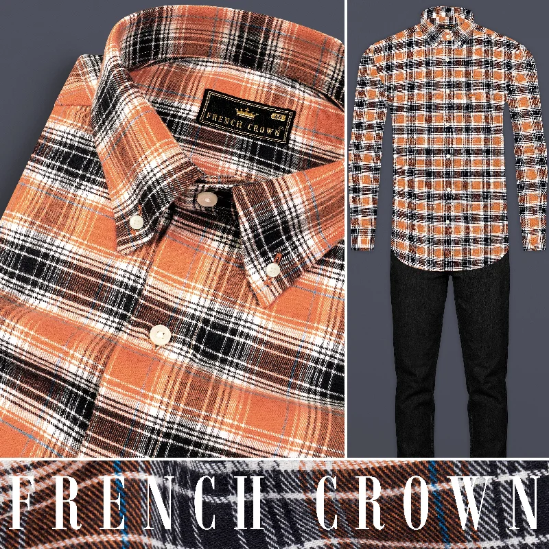 Simple Apparel Terra Cotta Brown and Mirage Black Plaid Flannel Shirt