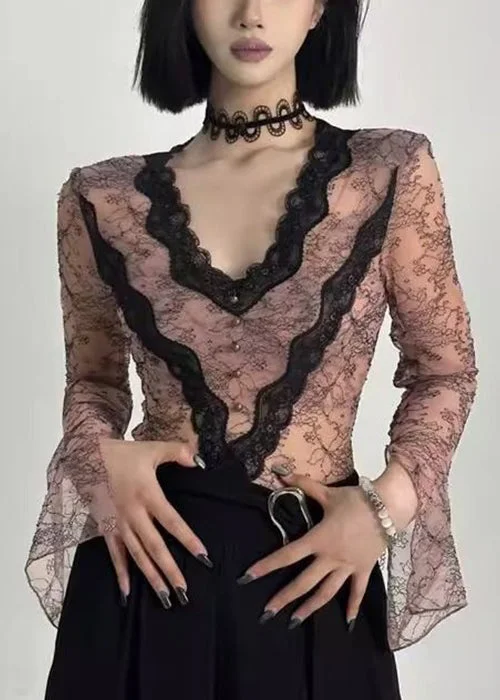 Daily Comfort Slim Fit Pink V Neck Hollow Out Lace Top Long Sleeve