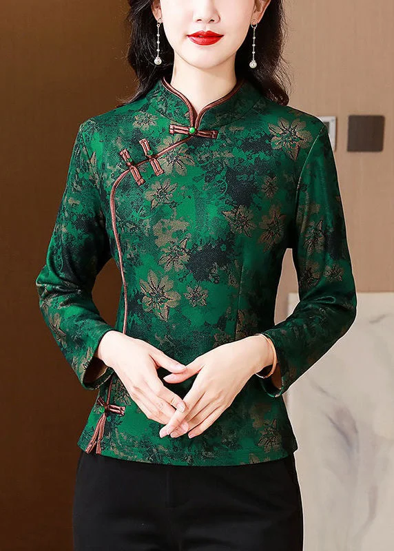 Soft Fashion New Green Button Print Warm Fleece Shirts Long Sleeve