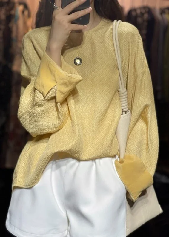 Street Casuals Women Yellow Solid O-Neck Cotton Tops Long Sleeve