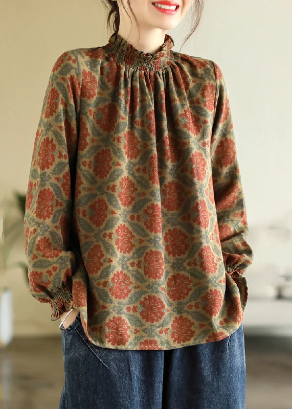 Casual Elegance Khaki Ruffled Patchwork Wrinkled Top Spring