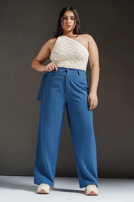 Warm Essentials Radiant Blue Curve Strap Detailed Korean Pants