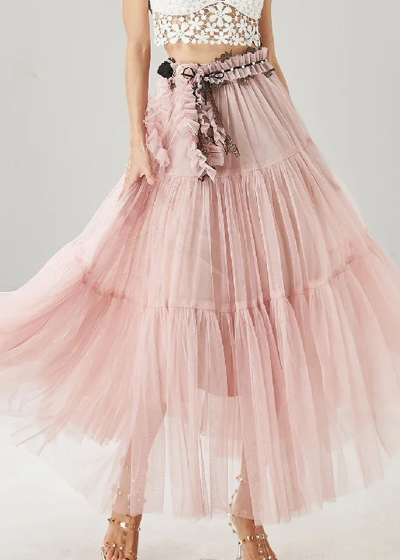 Comfy Suits Pink Tulle Beach Skirts Embroidered Ruffled Spring