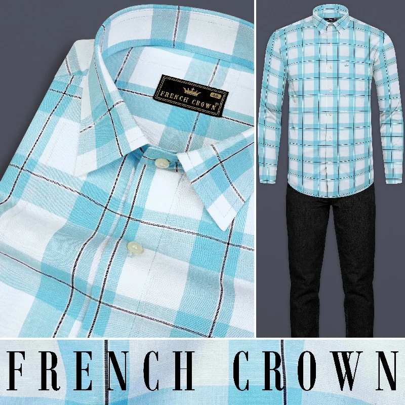 Energy Plan Bright White with Riptide Blue Windowpane Premium Cotton Shirt