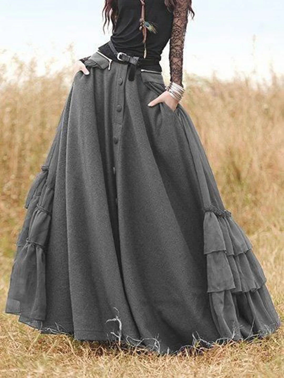 Cozy Pants Grey Ruffle Trim Single Breasted Pocket Overlay Maxi Skirt