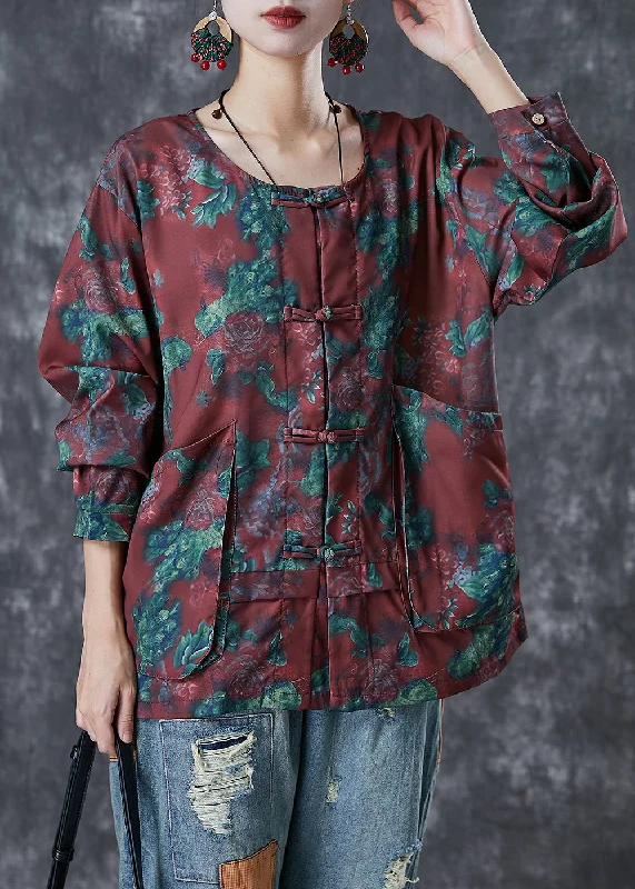Simple Apparel Plus Size Mulberry Chinese Button Floral Print Cotton Shirt Top Fall