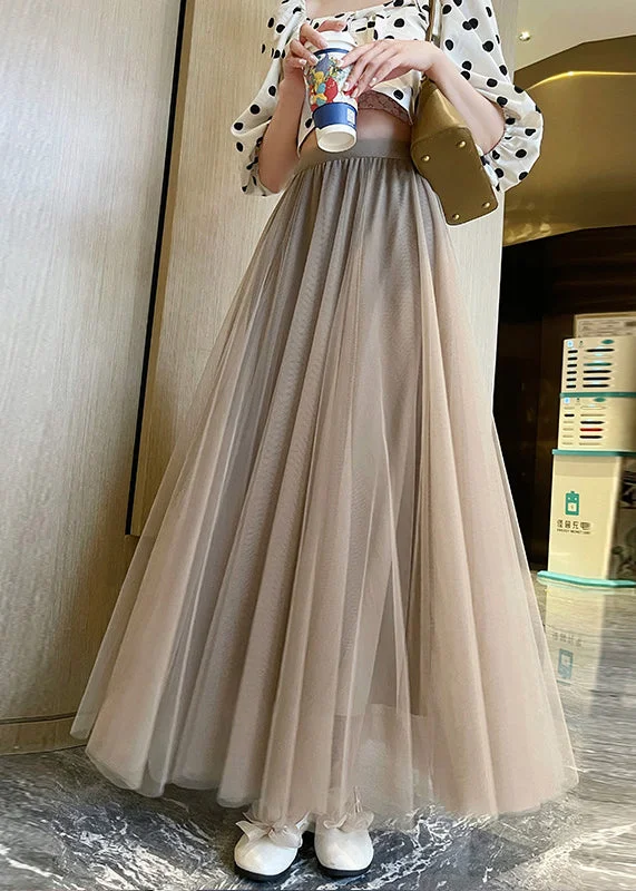 Street Fashion French Khaki High Waist Wrinkled Tulle Skirts Summer