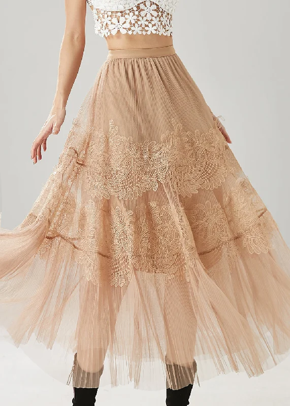 Relaxed Activewear Beautiful Khaki Embroidered Tulle Skirt Summer