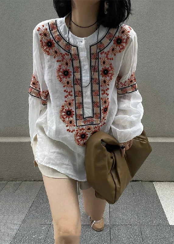 All-Weather Wear New White Embroidered Button Patchwork Cotton Blouses Fall