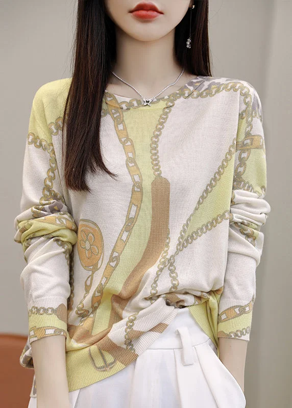 Relaxed Style Chain Print Patchwork Silk Cotton Top O Neck Long Sleeve