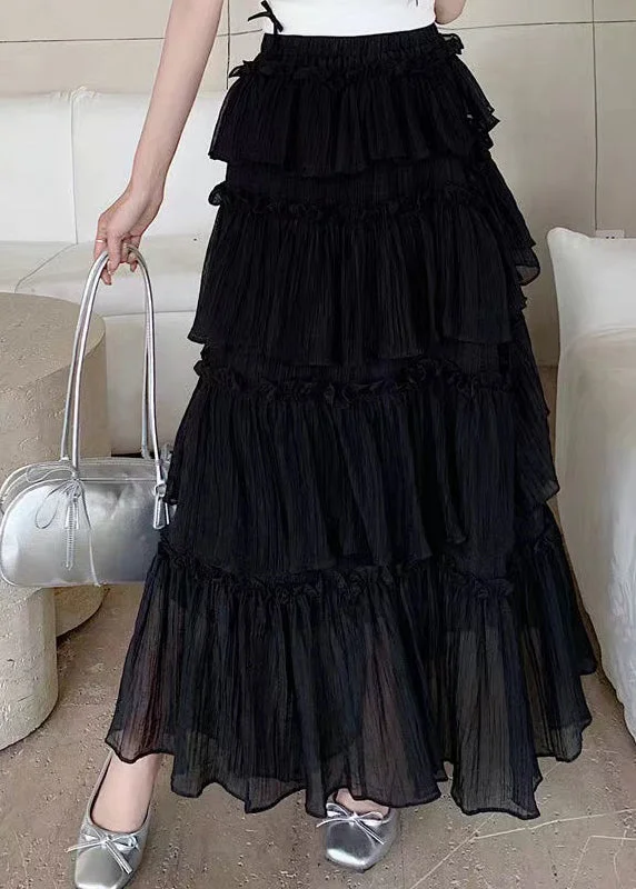 Cozy Basics Fashion Black Ruffled Patchwork Elastic Waist Cotton Skirt Summer